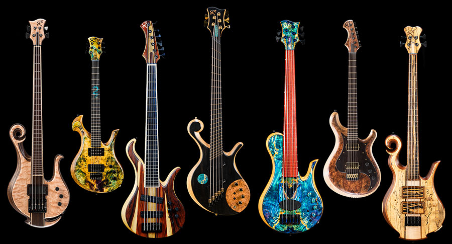 Several custom basses and guitars, multiscale, exotic and traditional